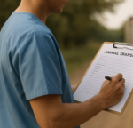 tech in scrubs with a checklist